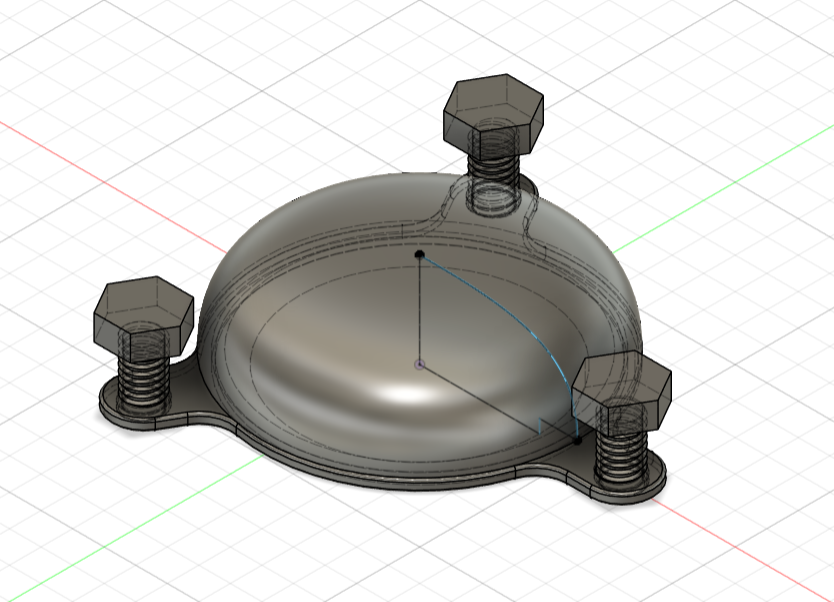 A CAD model showing a base plate for the water leak sensor. It has 3 bolts to allow height adjustment.